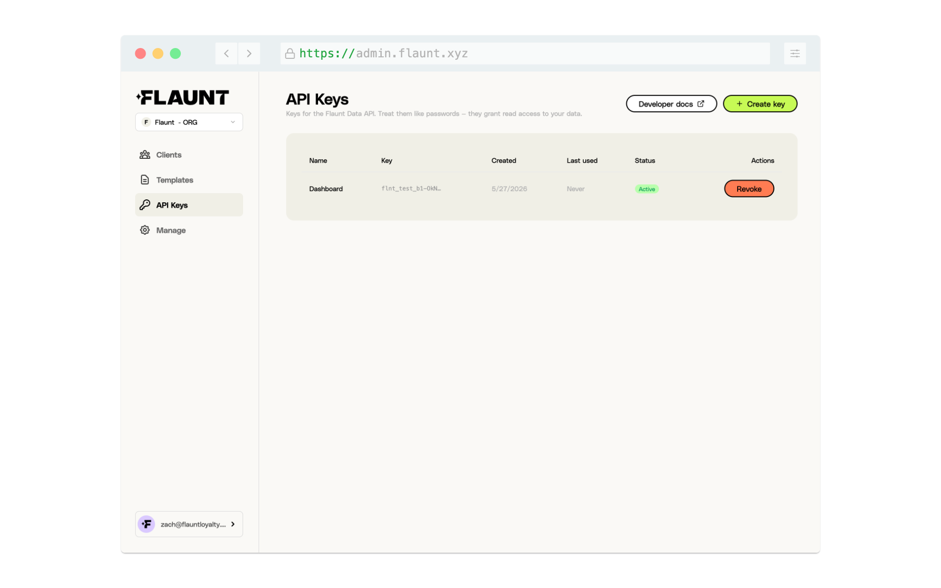 The API Keys screen in the Flaunt admin